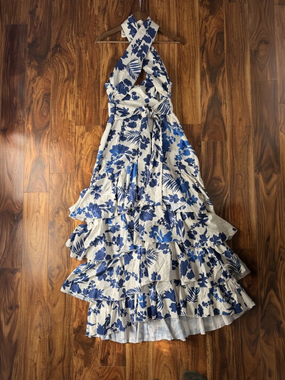 Blue & White Floral Halter Tiered Ruffle Maxi Dress โ Size M (Runs Large) โ NWOT